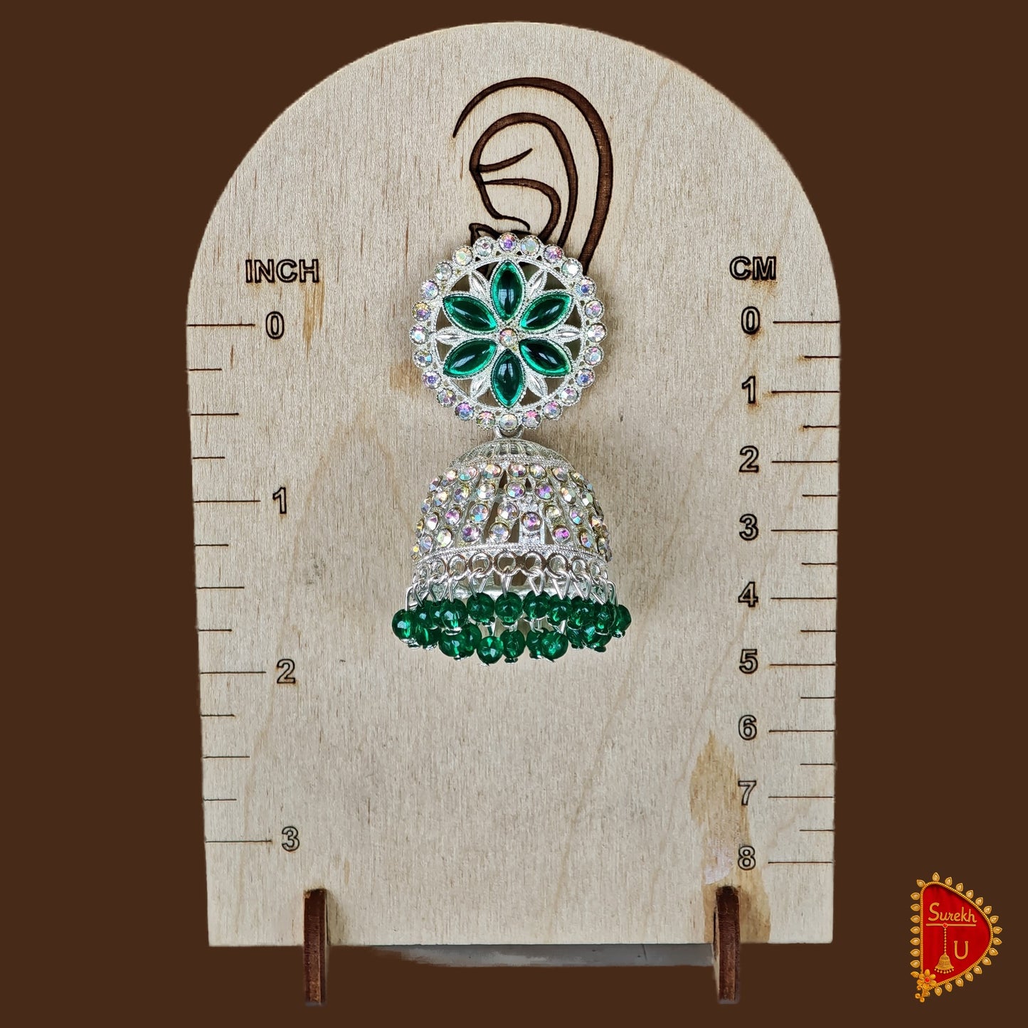 Bottle Green Silver Round Floral Jhumki