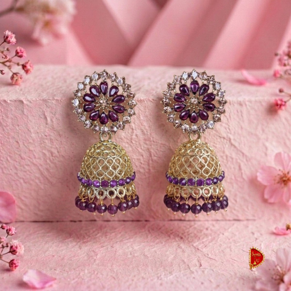 Wine Rosegold Jaali Floral Jhumki