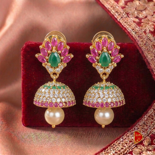 Pink Green AD Floral Jhumki small