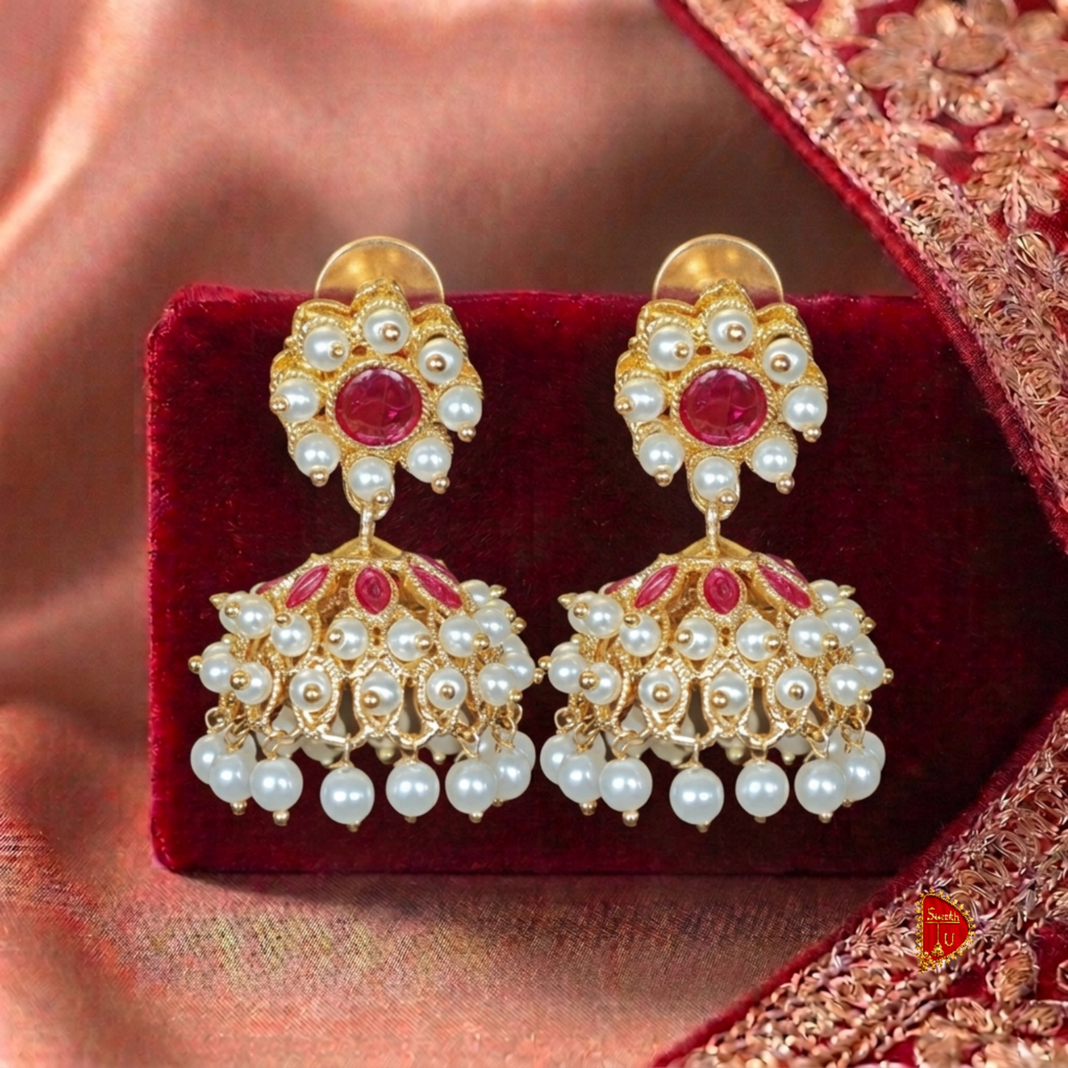 Pink Stud Pearl South Look Jhumki