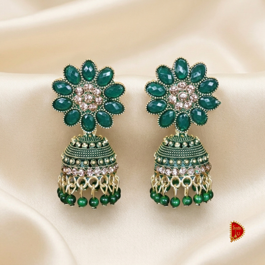 Bottle Green Floral Stones Jhumki