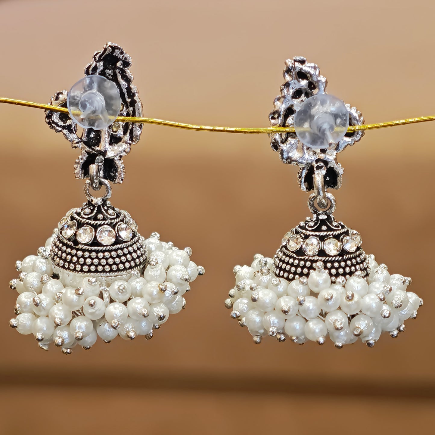 Silver Oxidized Peacock Pearl Cluster Jhumki