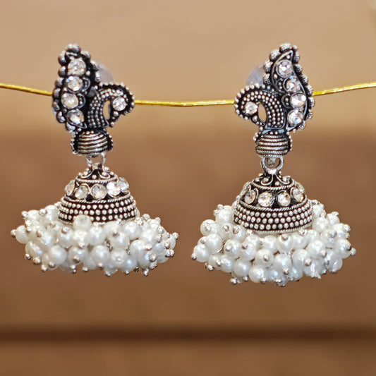 Silver Oxidized Peacock Pearl Cluster Jhumki