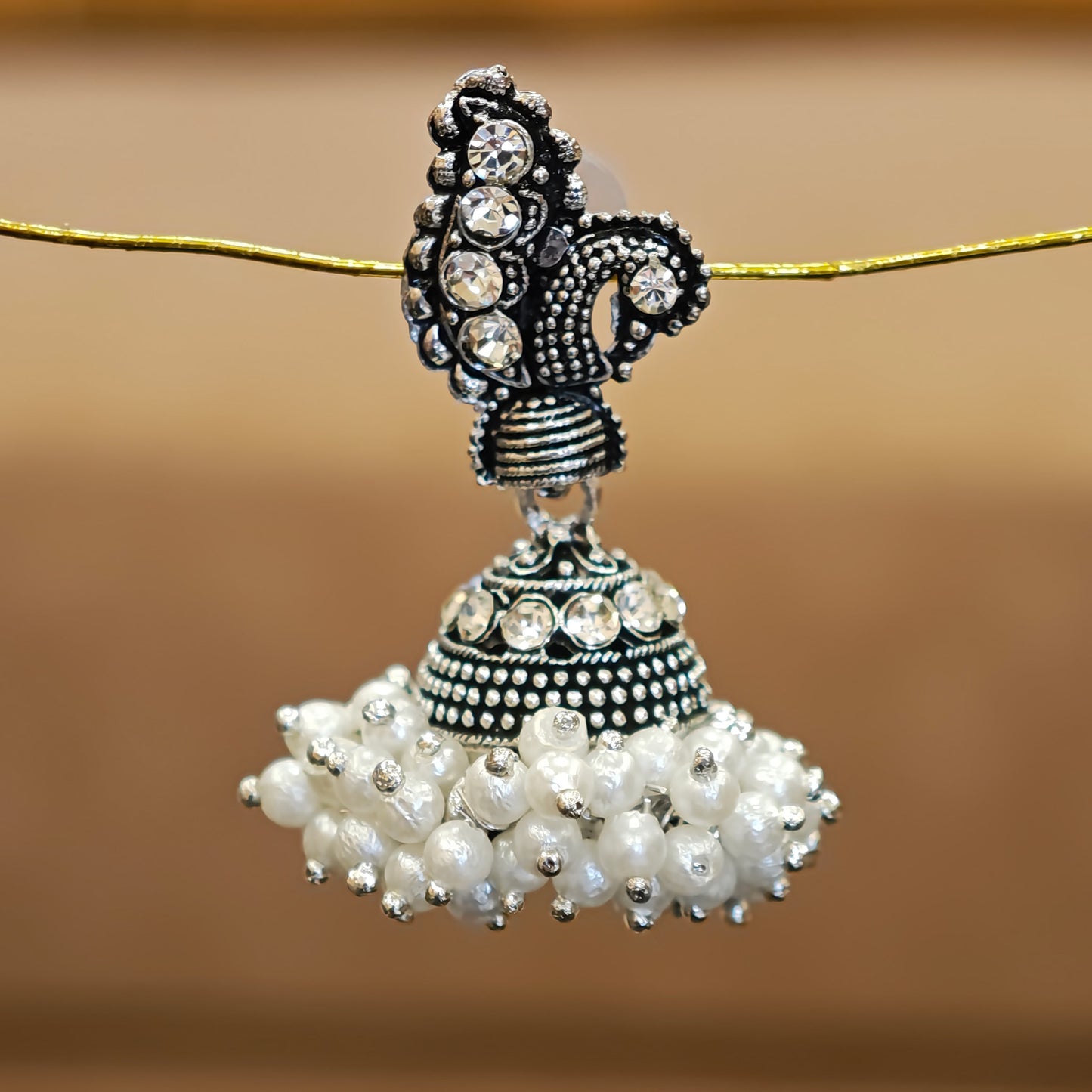 Silver Oxidized Peacock Pearl Cluster Jhumki