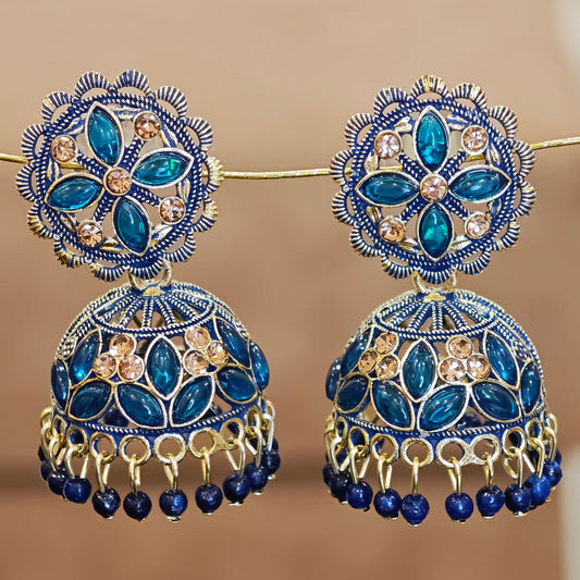 Peacock Blue Floral Jaali Jhumki