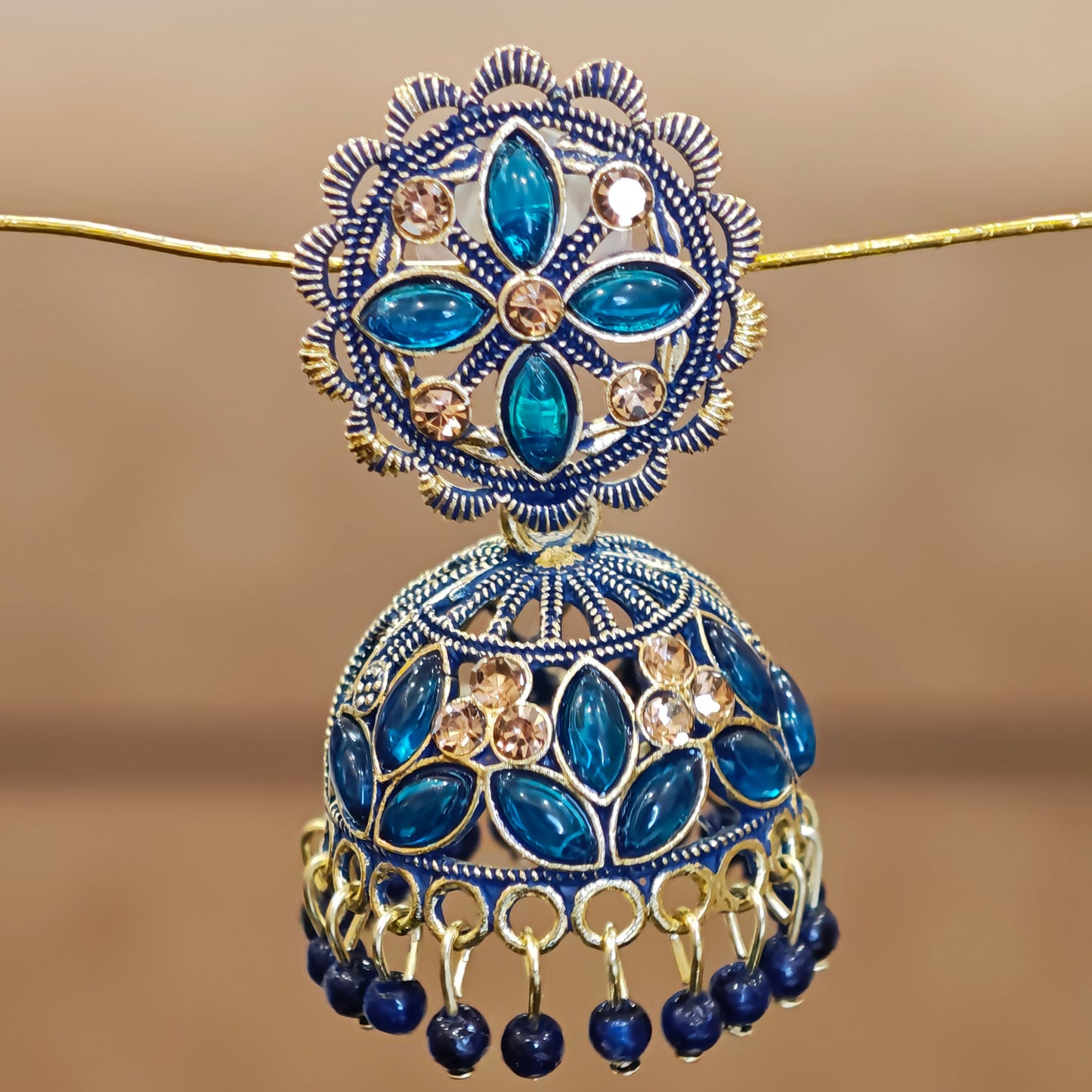 Peacock Blue Floral Jaali Jhumki