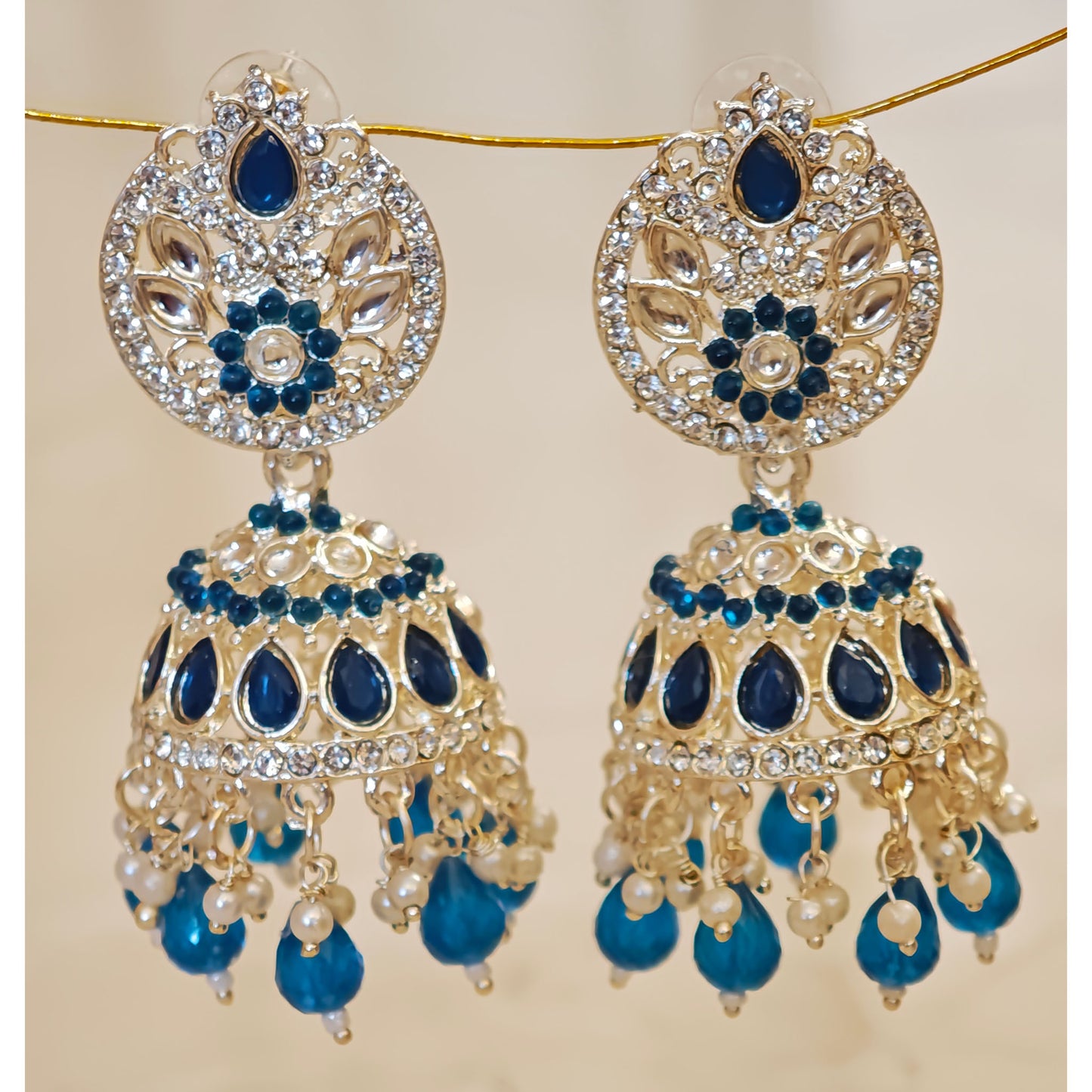 Peacock Blue Silver Kundan Styled Stone Jhumki