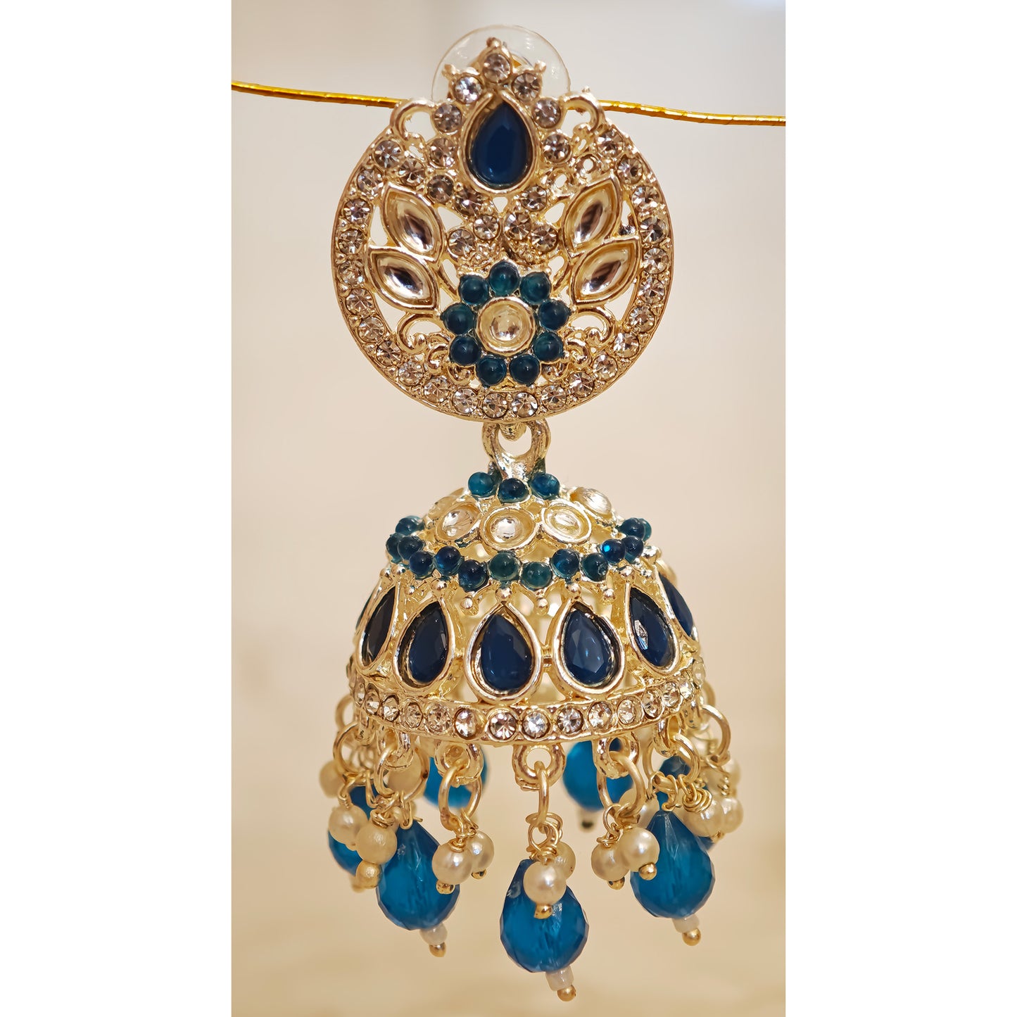Peacock Blue Silver Kundan Styled Stone Jhumki