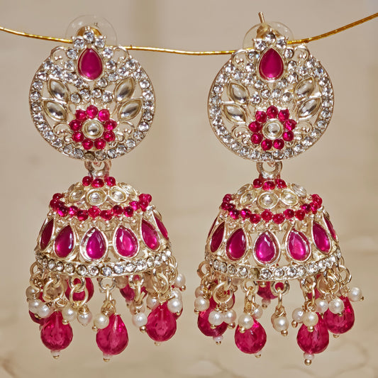Rani Pink Silver Kundan Styled Stone Jhumki