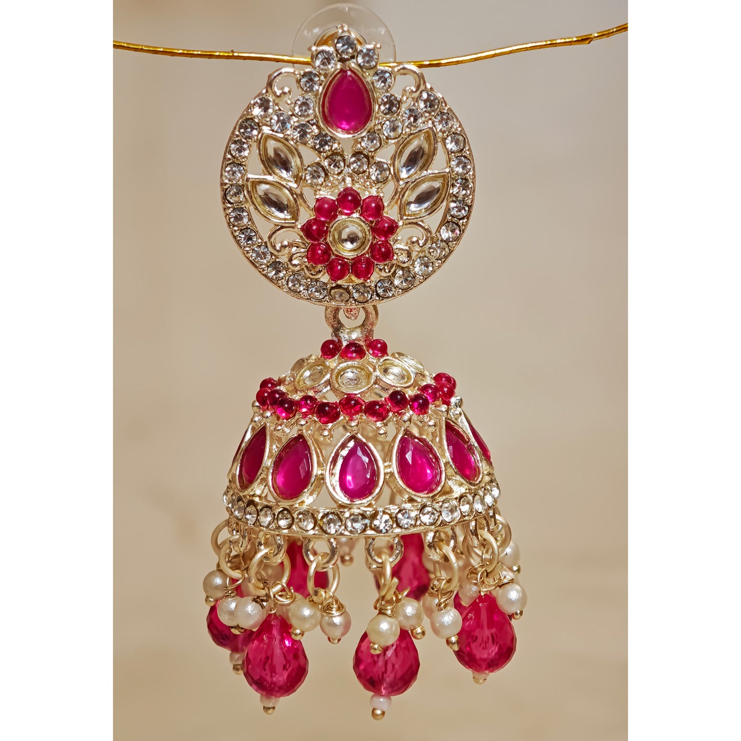 Rani Pink Silver Kundan Styled Stone Jhumki