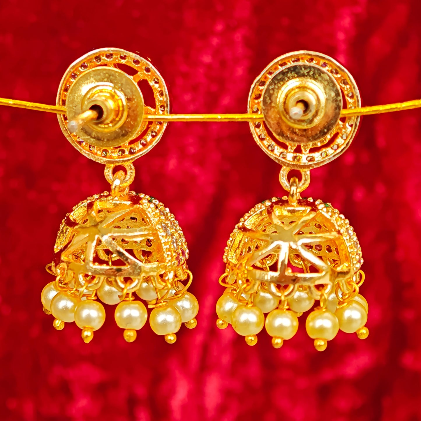 AD Floral Pearl Golden Jhumki