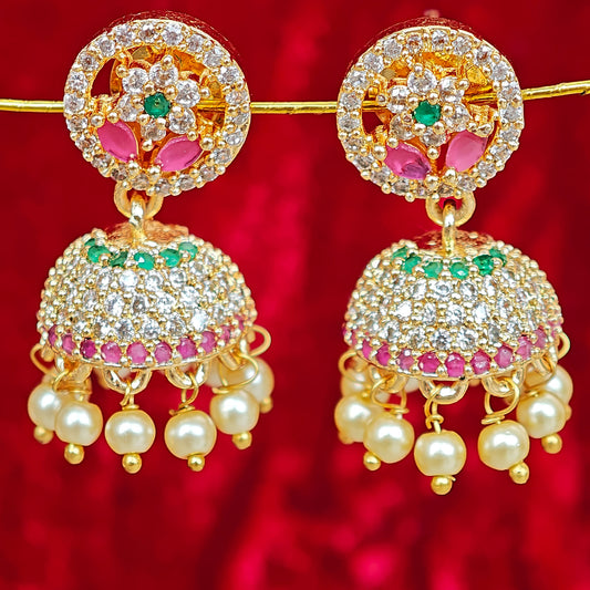 AD Floral Pearl Golden Jhumki