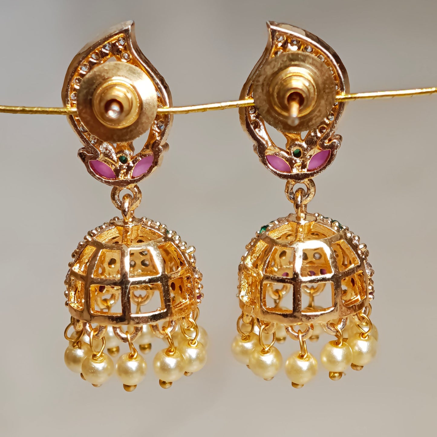 AD Leaf Shaped Pearl Golden Jhumki