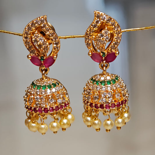AD Leaf Shaped Pearl Golden Jhumki