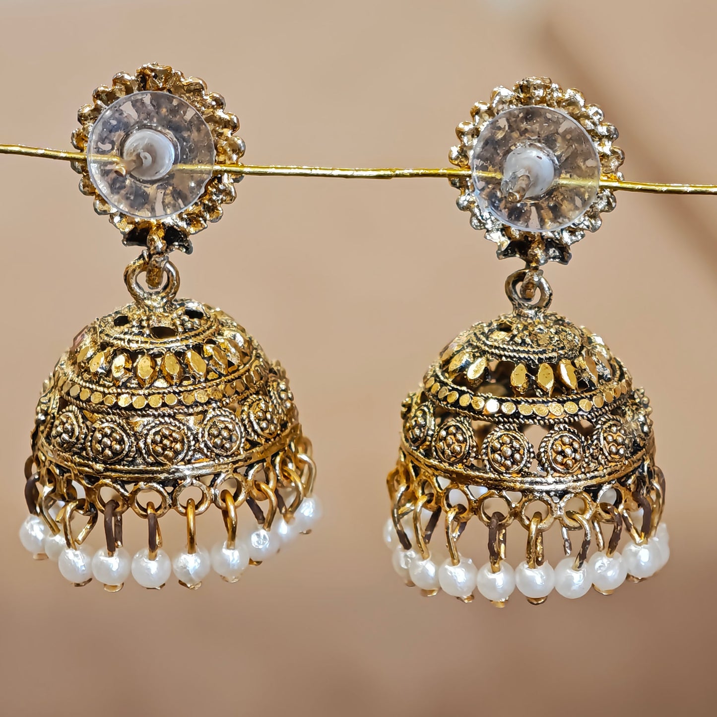 Antique Golden White Beads Jhumki