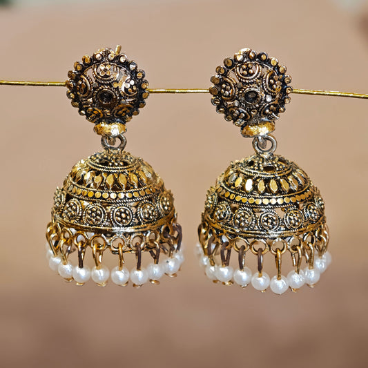 Antique Golden White Beads Jhumki
