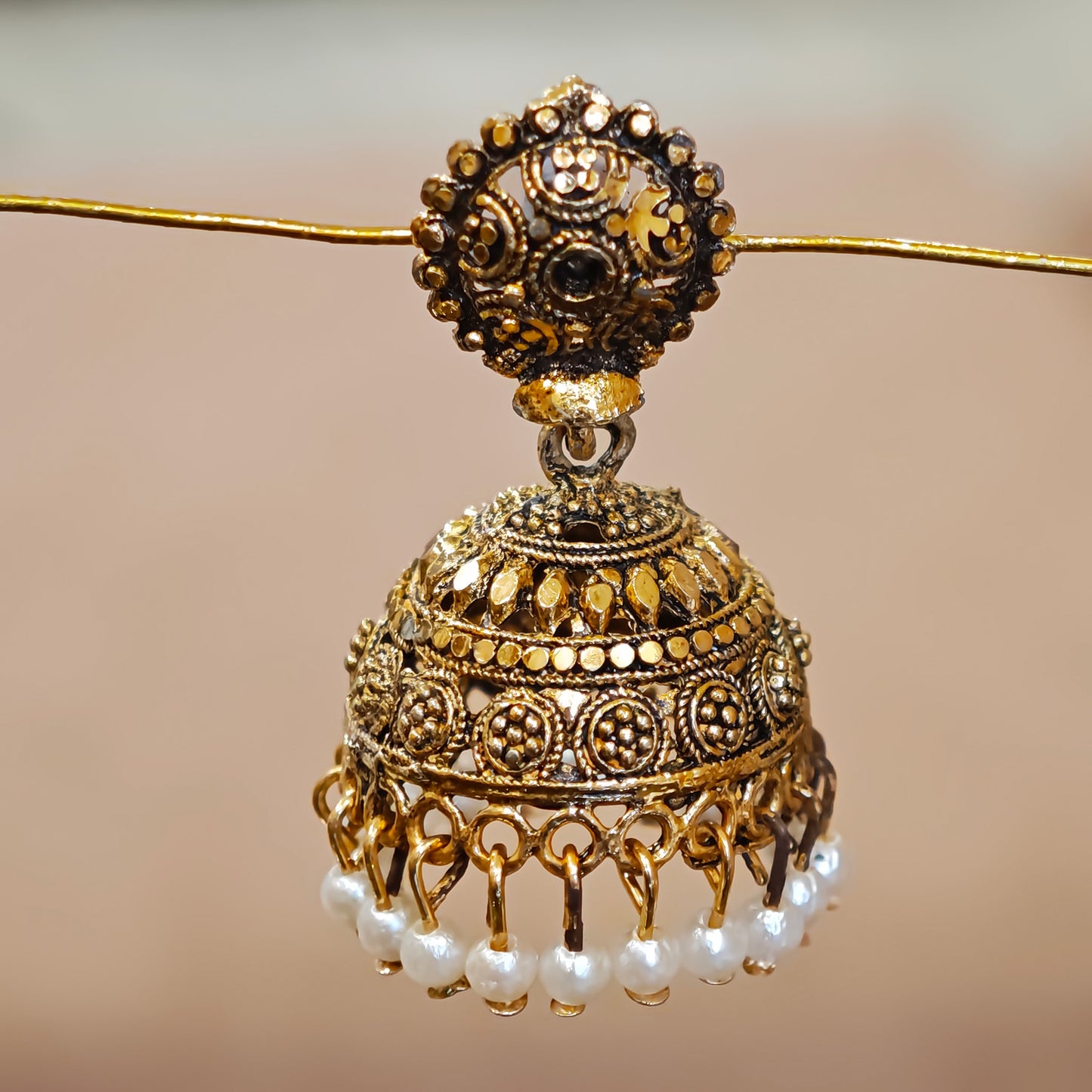 Antique Golden White Beads Jhumki