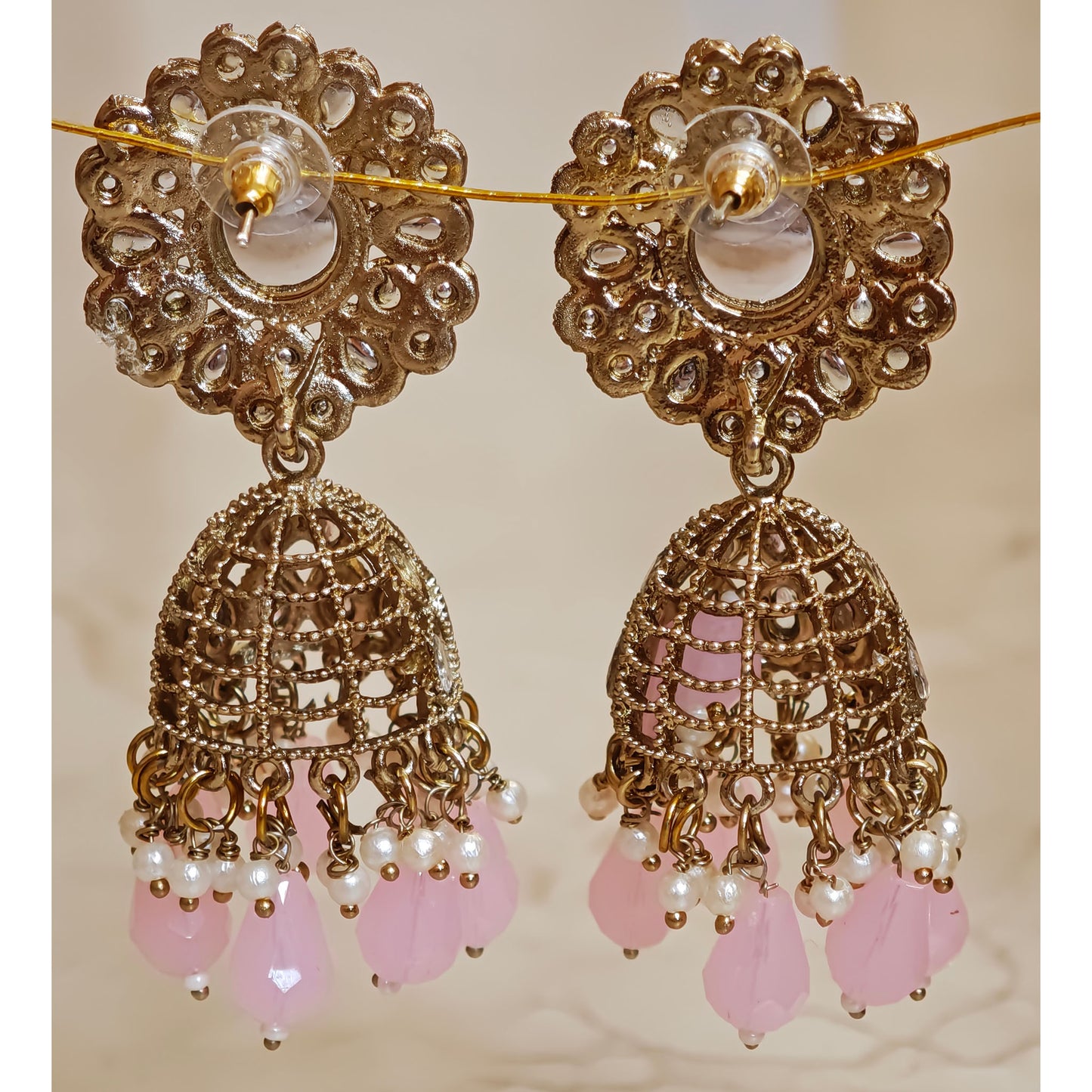 Baby Pink Kundan Floral Jaali Jhumki