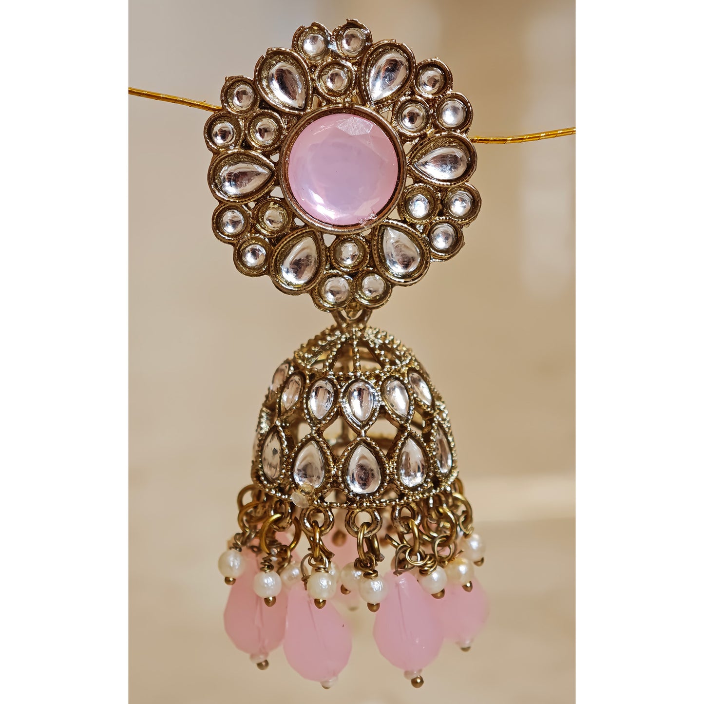 Baby Pink Kundan Floral Jaali Jhumki