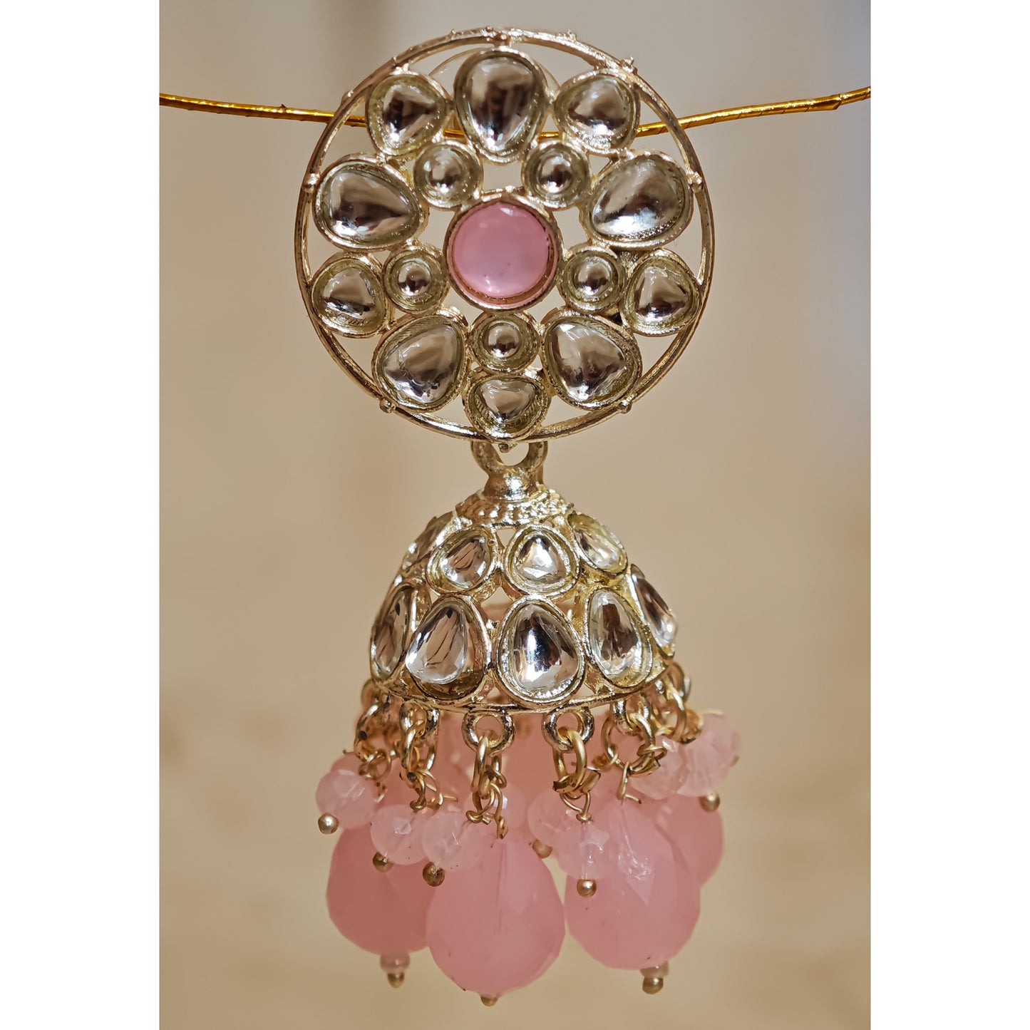 Baby Pink Floral Kundan Jhumki