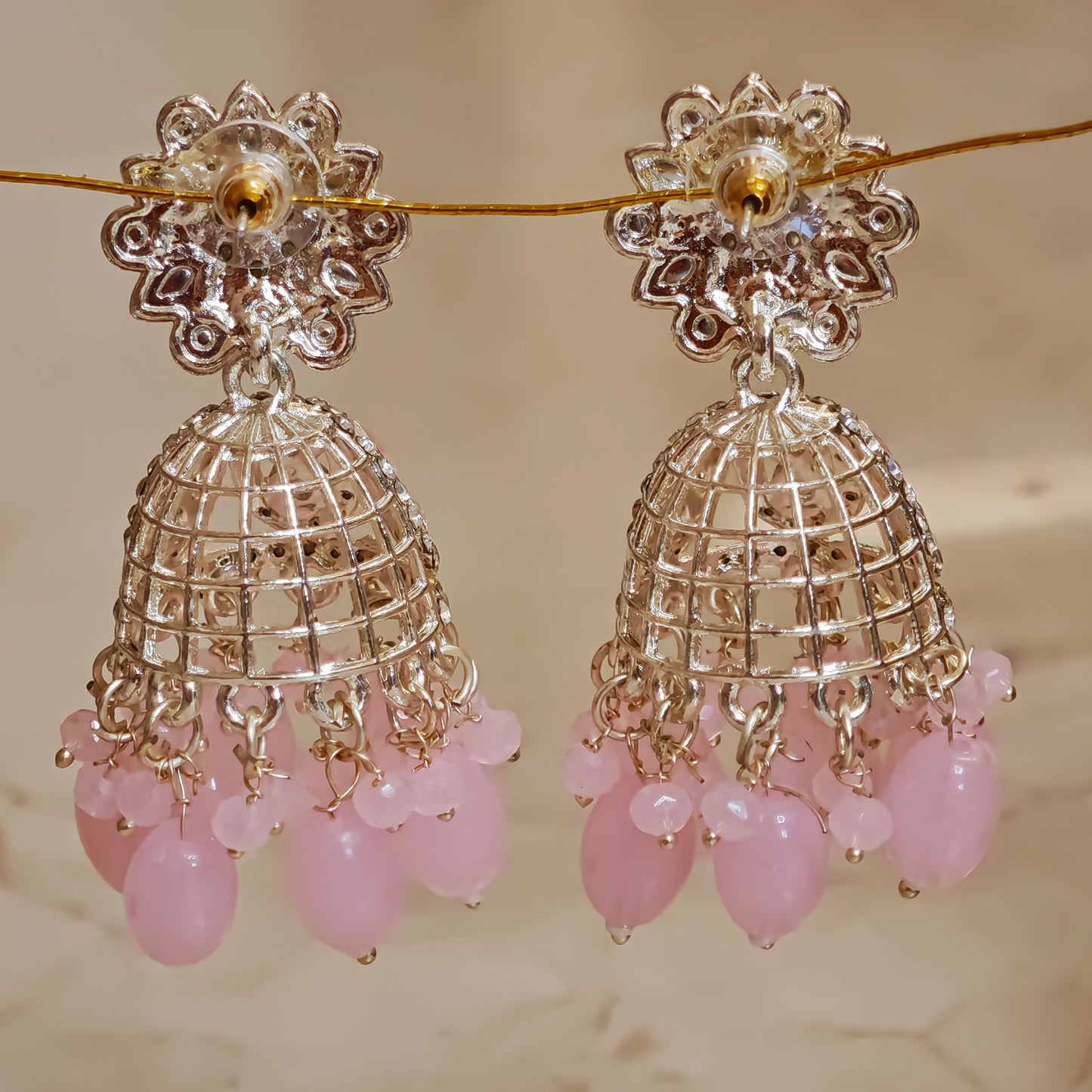 Baby Pink Silver Floral Jaali Jhumki