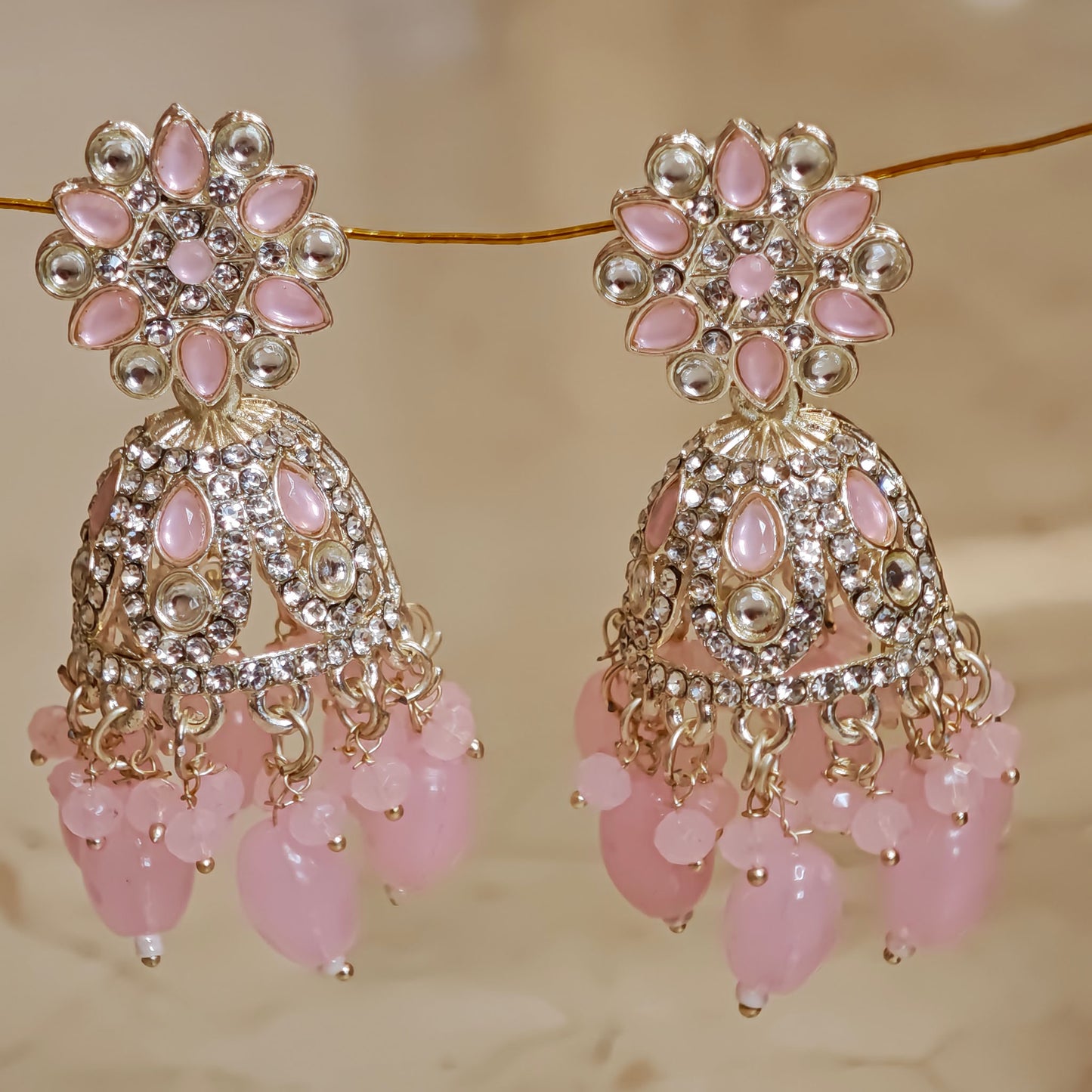 Baby Pink Silver Floral Jaali Jhumki