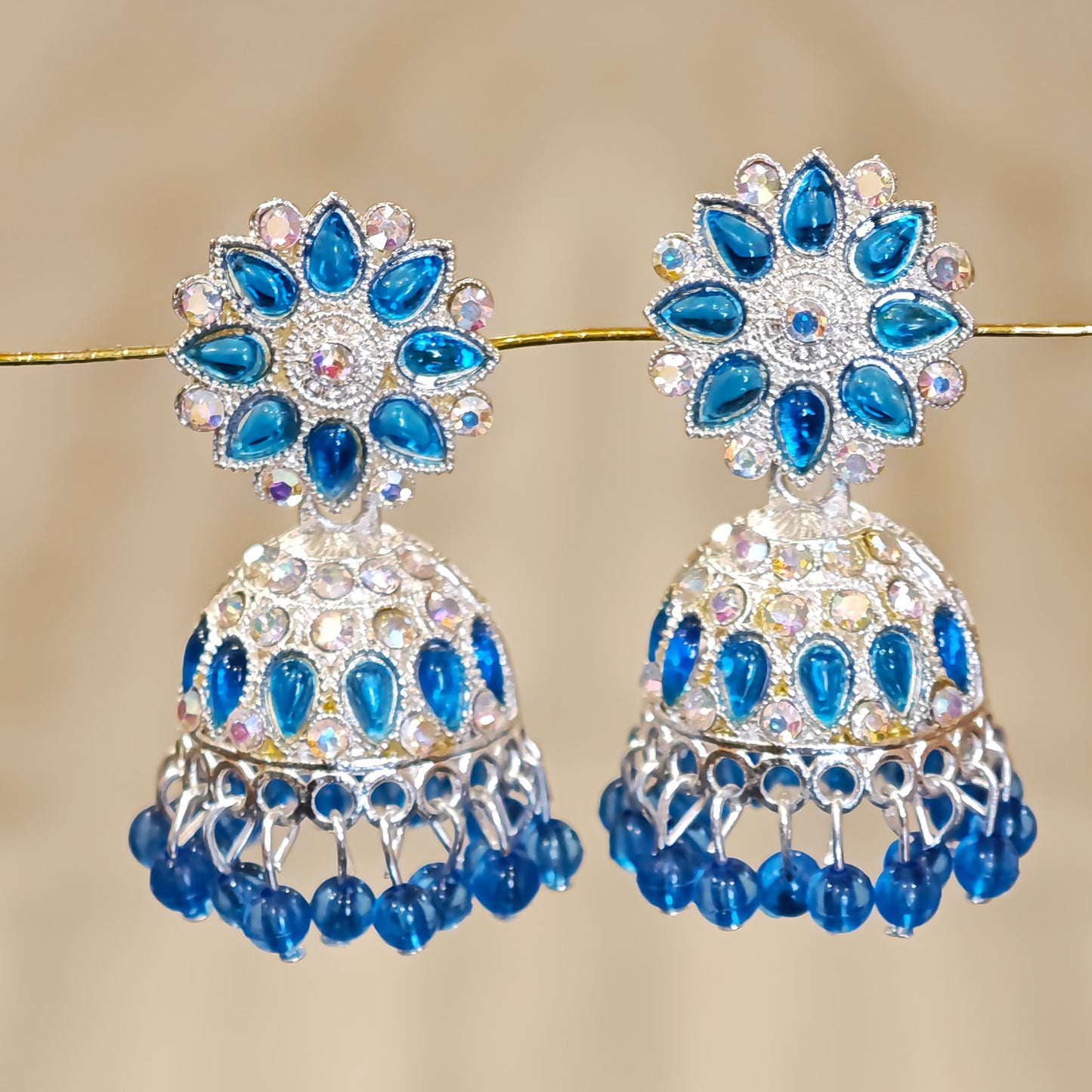 Blue Silver Toned Floral Jhumki