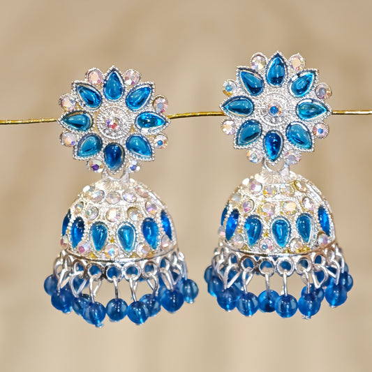 Blue Silver Toned Floral Jhumki