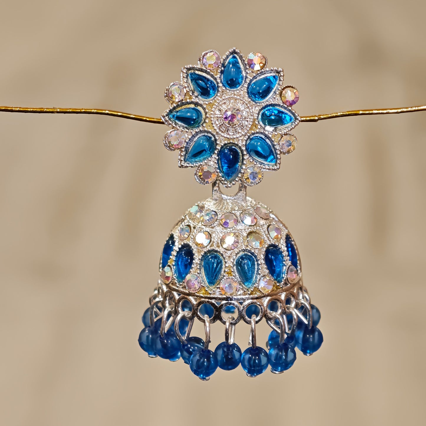 Blue Silver Toned Floral Jhumki