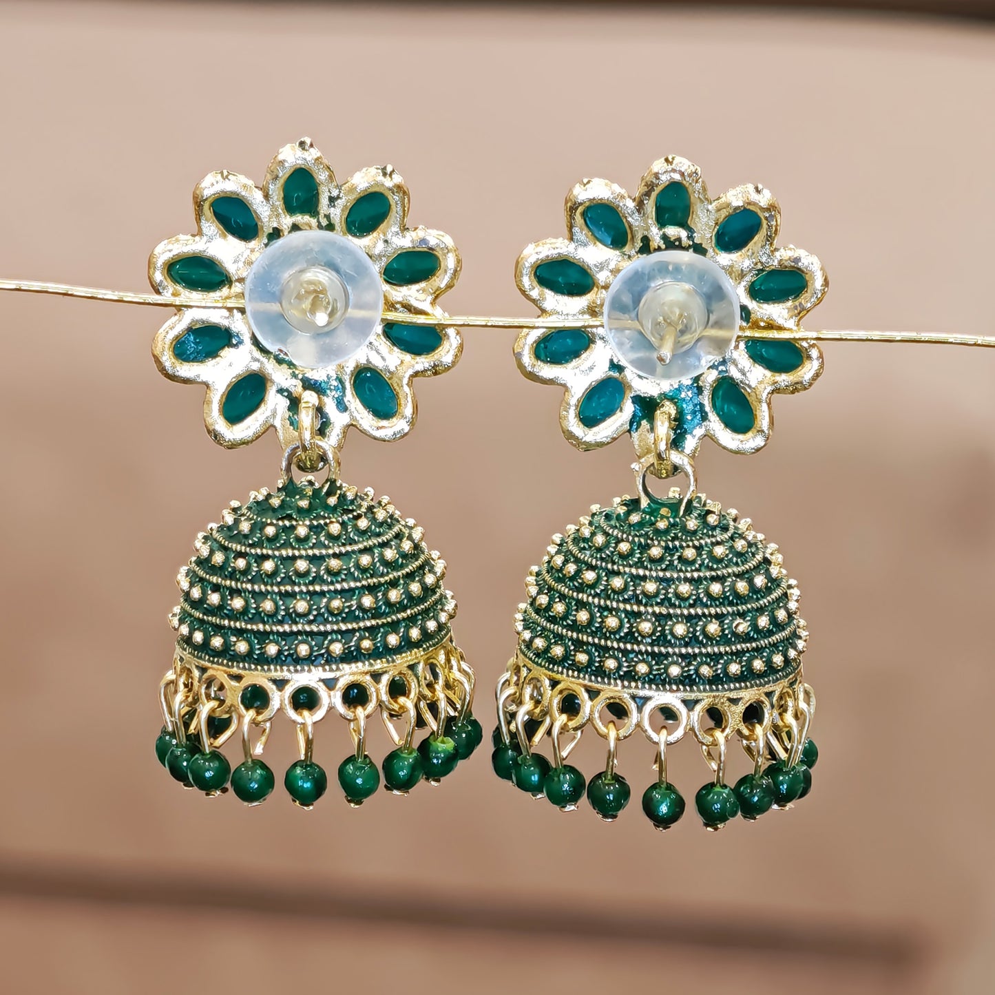 Bottle Green Floral Top Dome Jhumki