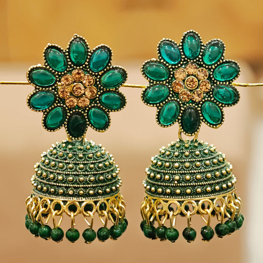 Bottle Green Floral Top Dome Jhumki