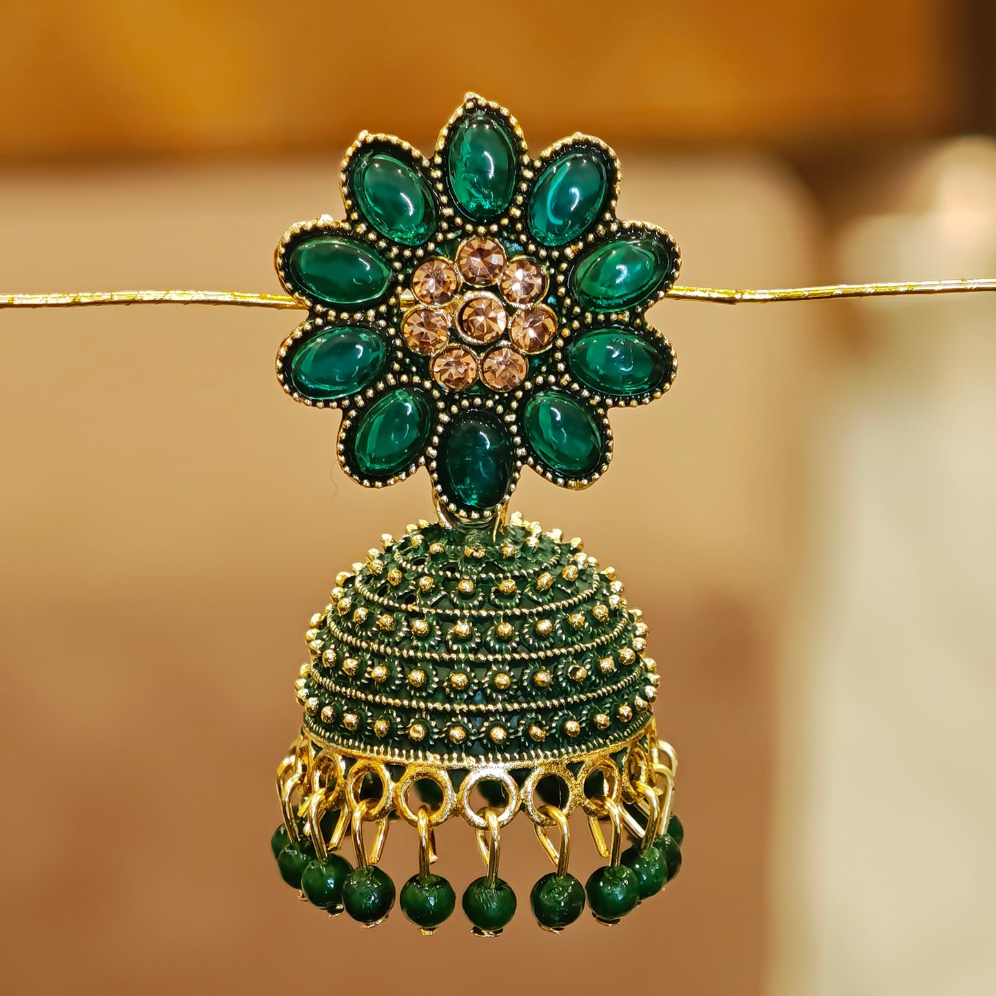 Bottle Green Floral Top Dome Jhumki