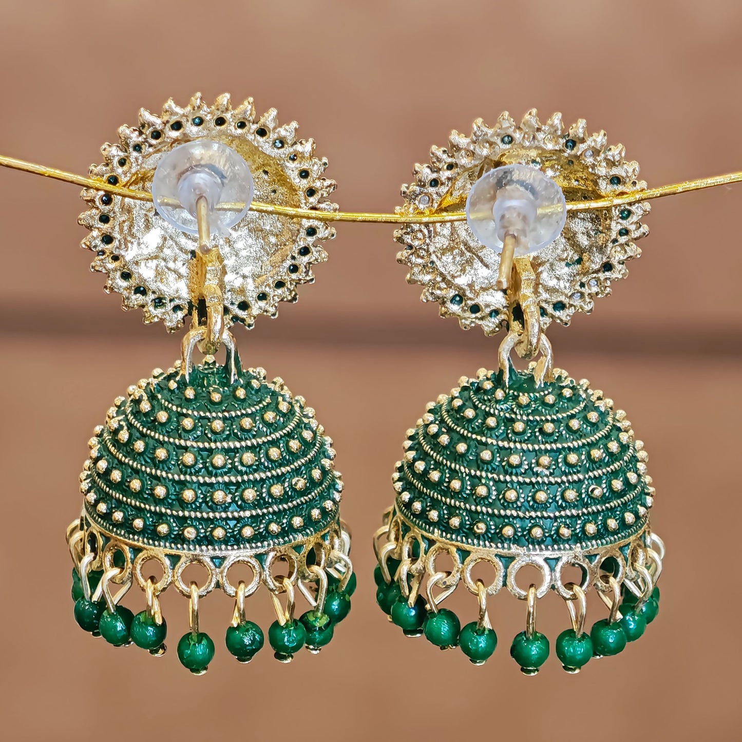 Bottle Green Golden Toned Disc Jhumki
