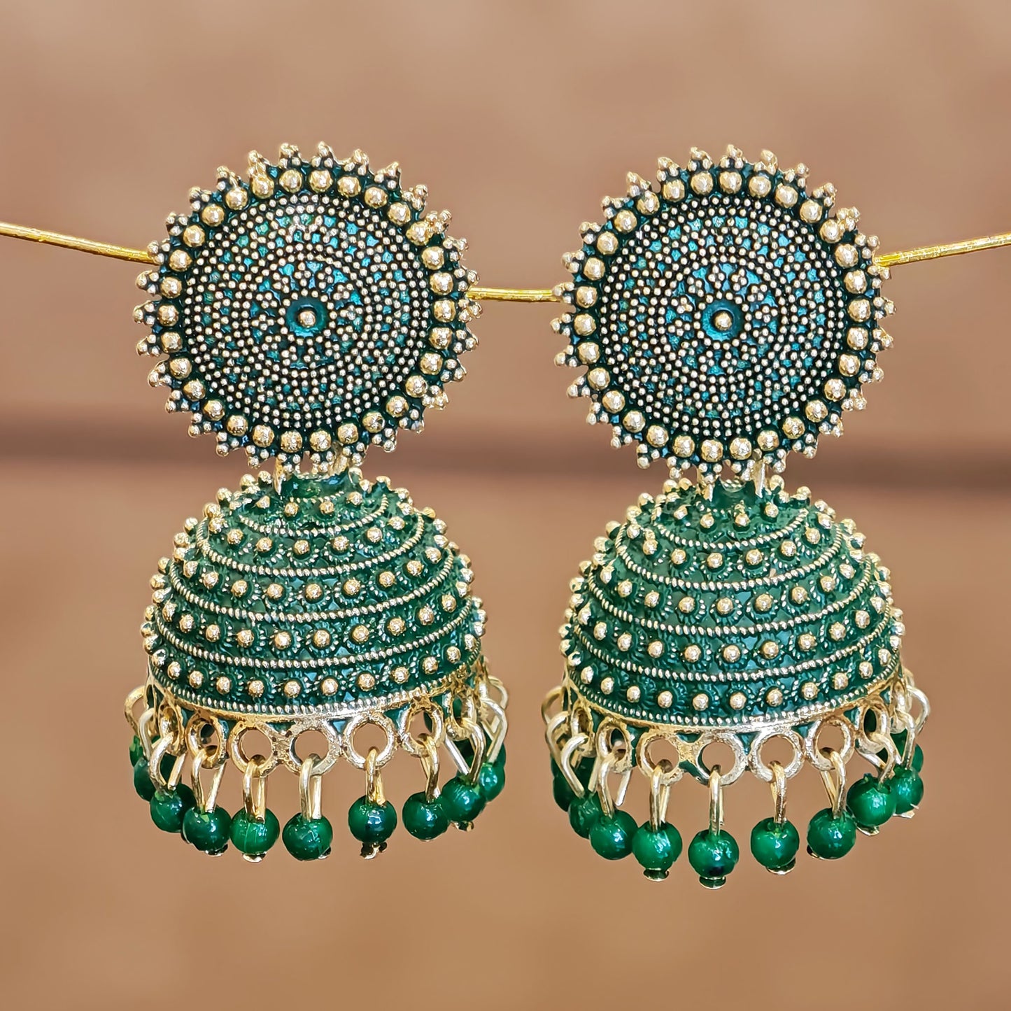 Bottle Green Golden Toned Disc Jhumki