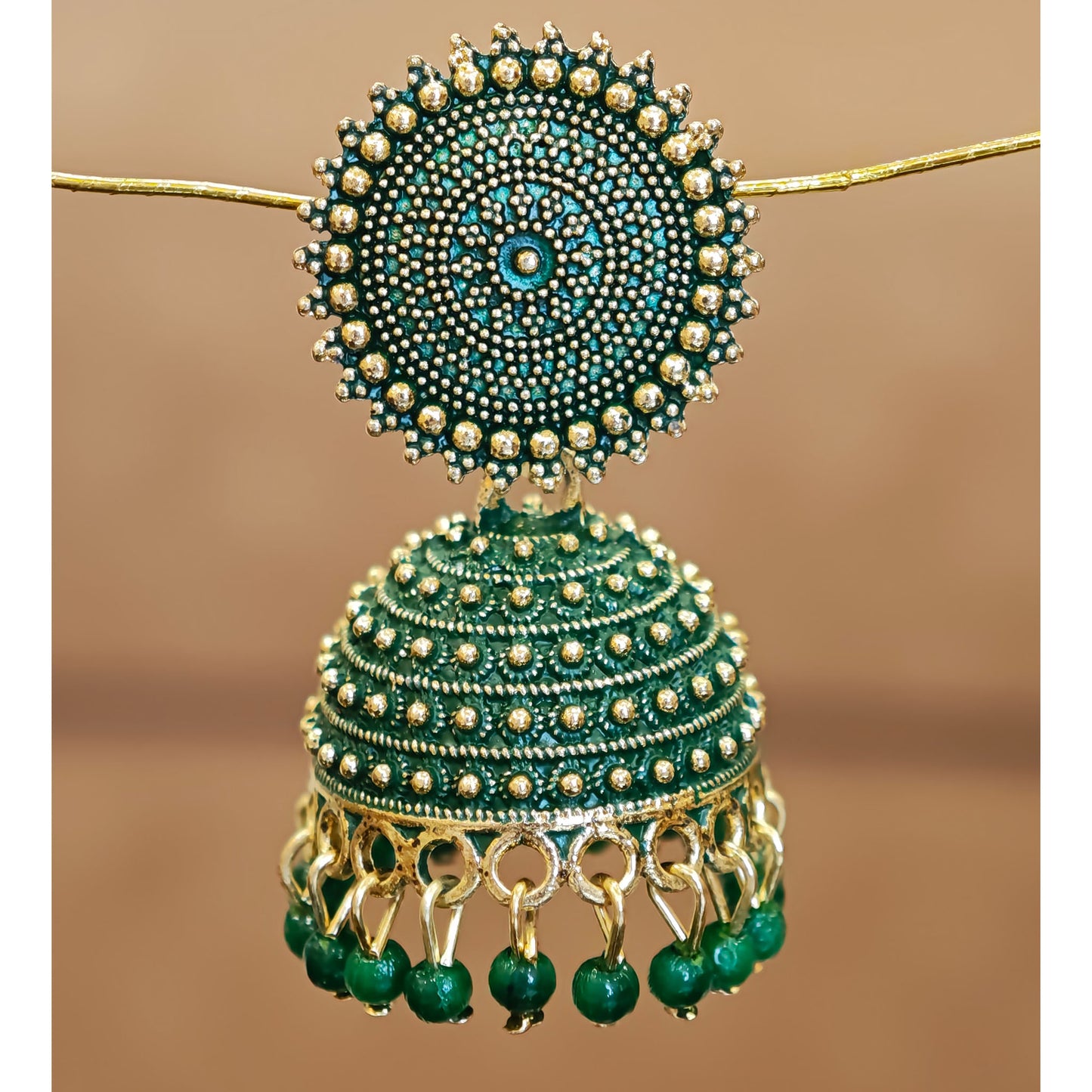 Bottle Green Golden Toned Disc Jhumki