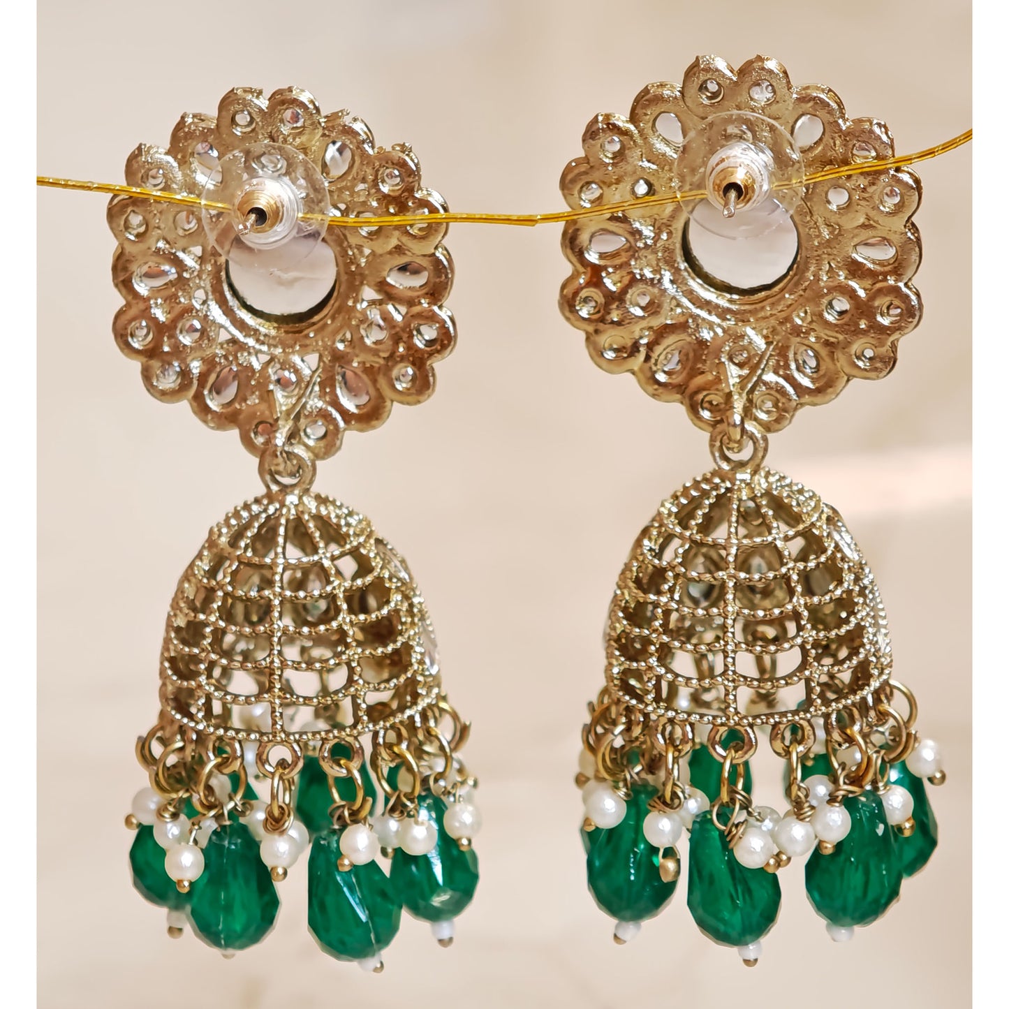 Bottle Green Kundan Floral Jaali Jhumki