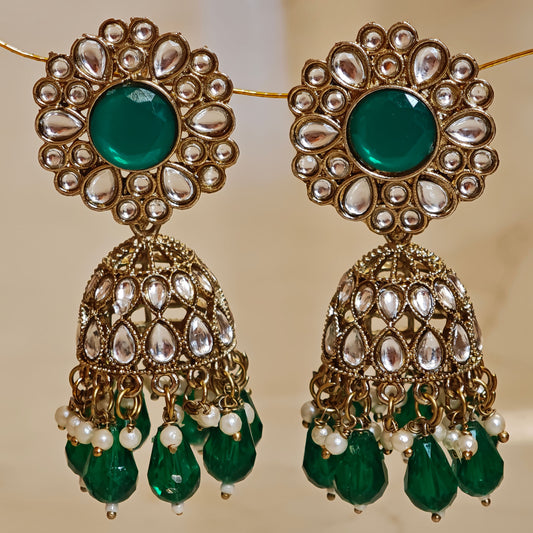 Bottle Green Kundan Floral Jaali Jhumki
