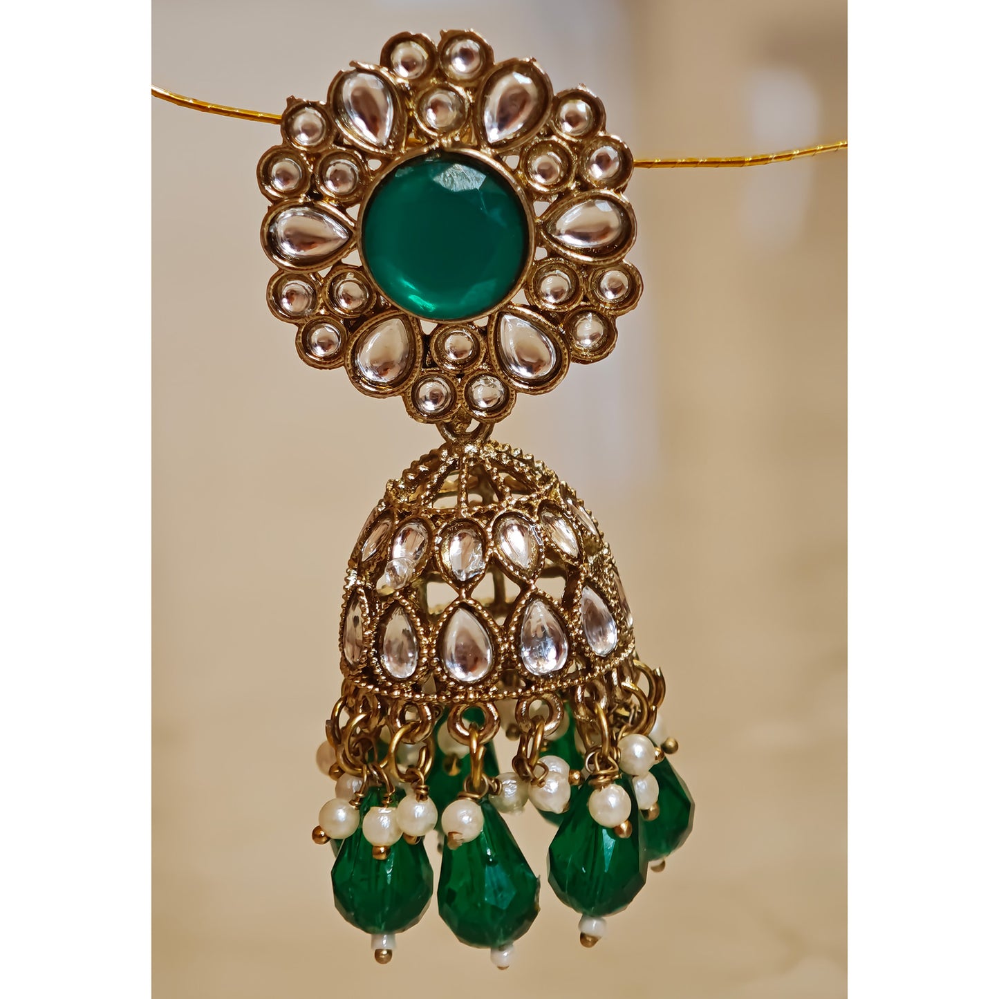Bottle Green Kundan Floral Jaali Jhumki