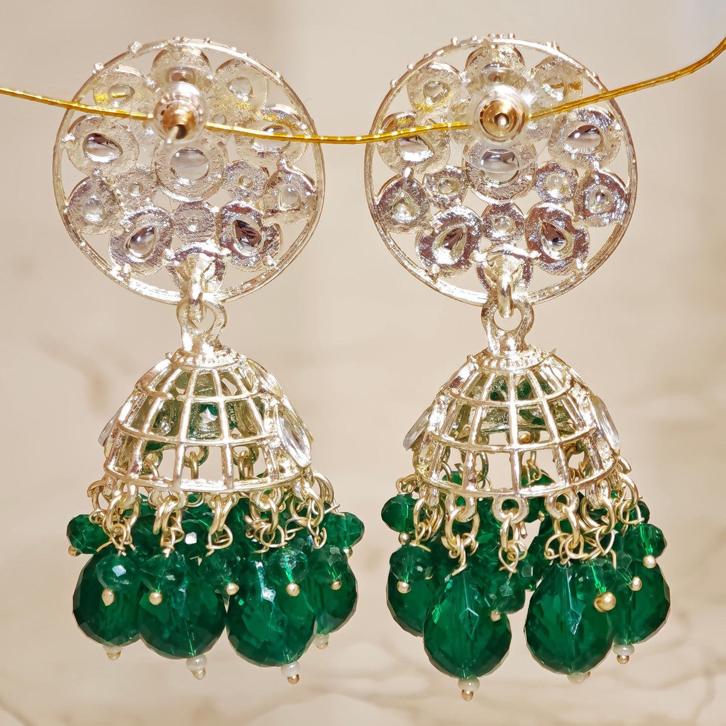 Bottle Green Floral Kundan Jhumki