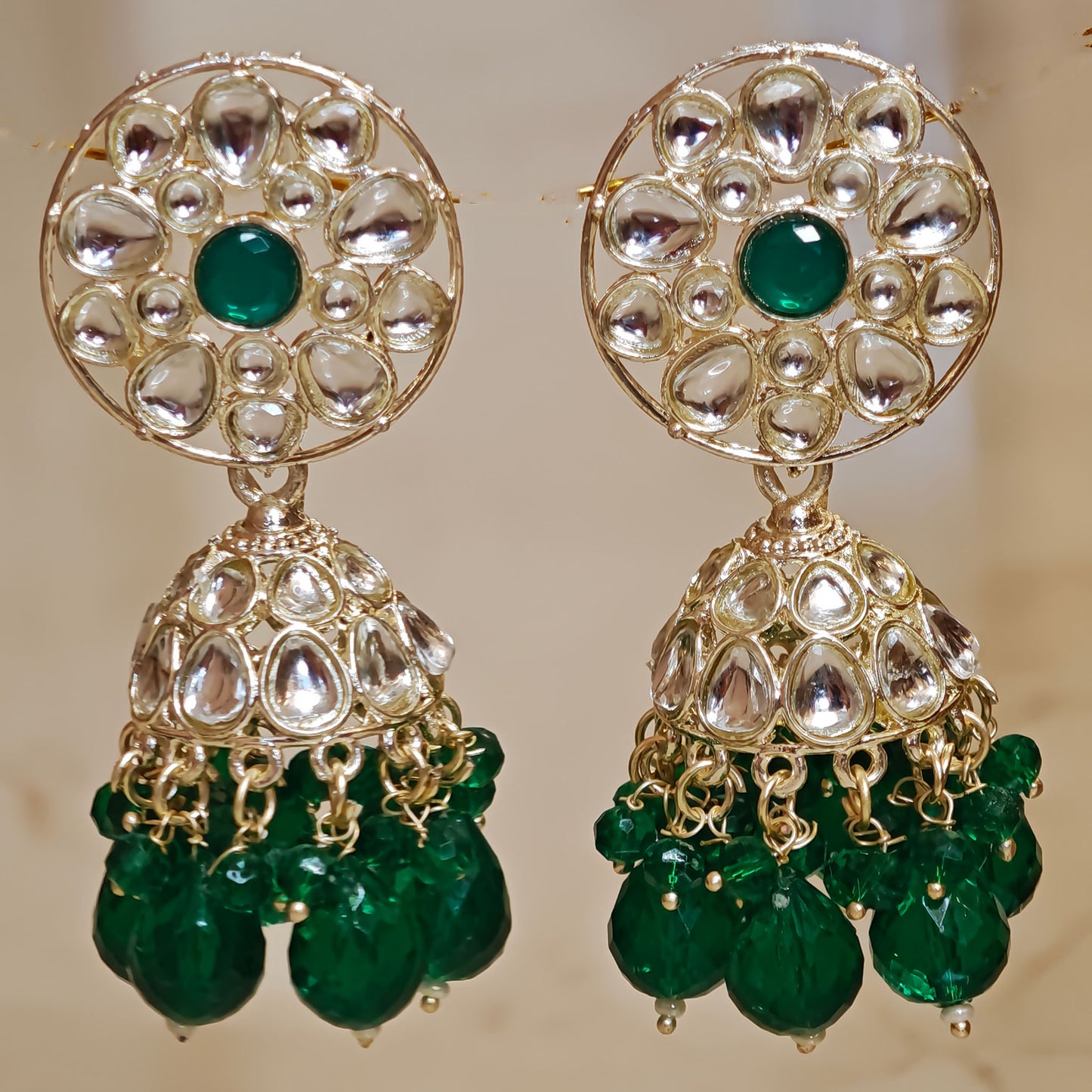 Bottle Green Floral Kundan Jhumki