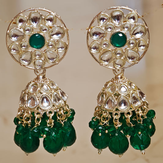 Bottle Green Floral Kundan Jhumki