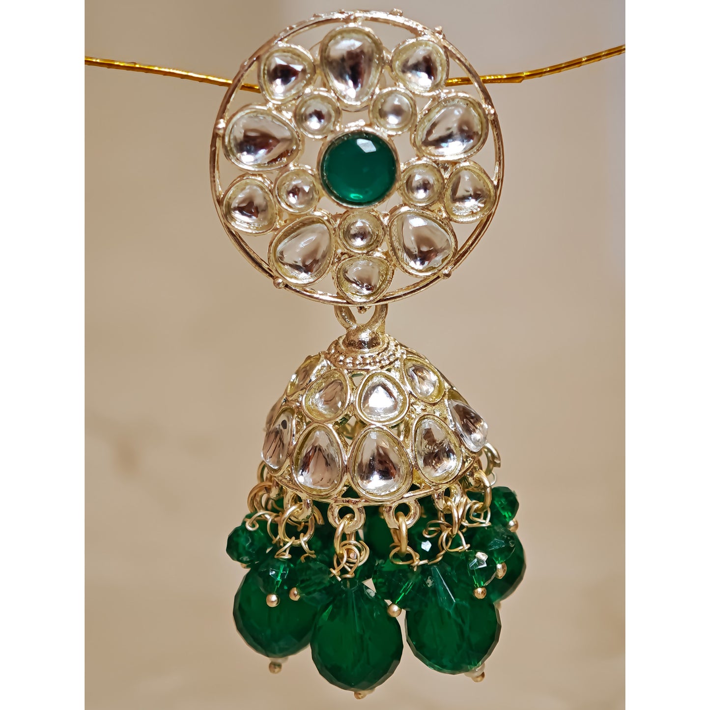 Bottle Green Floral Kundan Jhumki