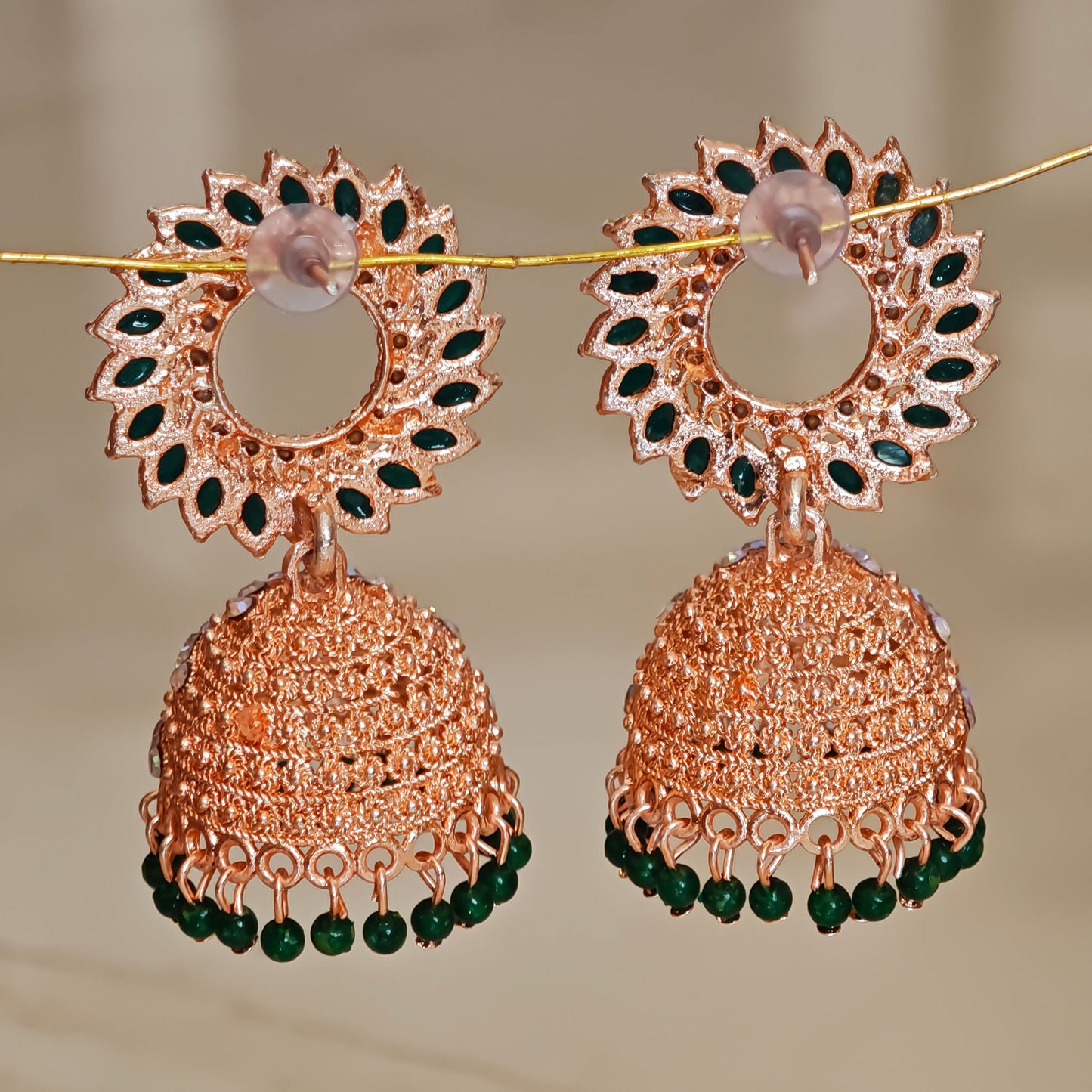 Bottle Green Floral Golden Jhumki