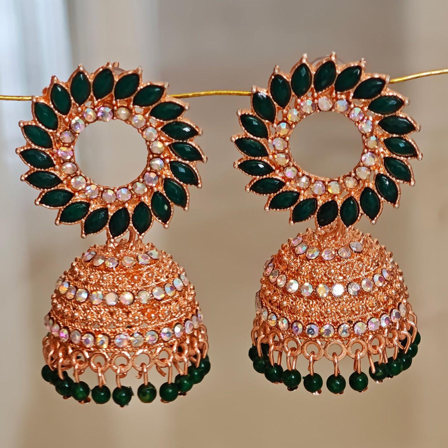 Bottle Green Floral Golden Jhumki