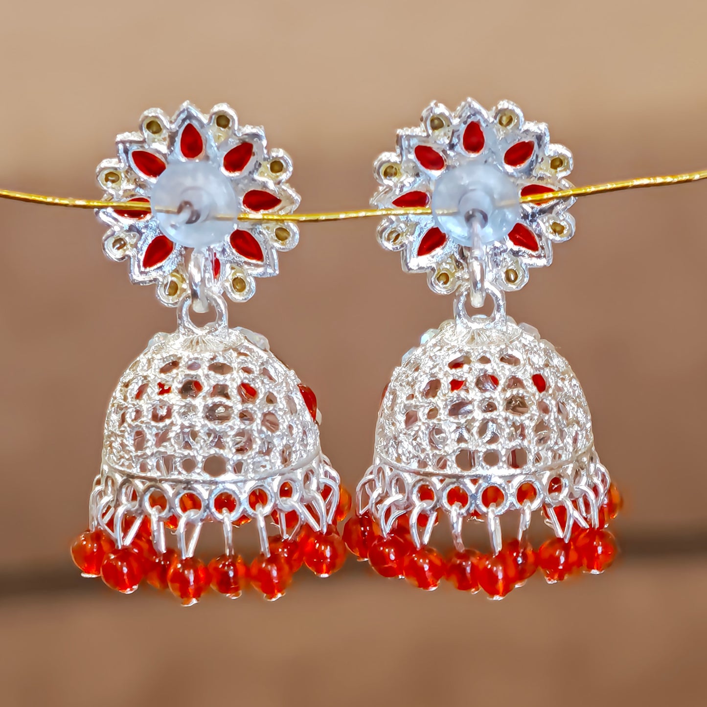 Cherry Red Silver Toned Floral Jhumki