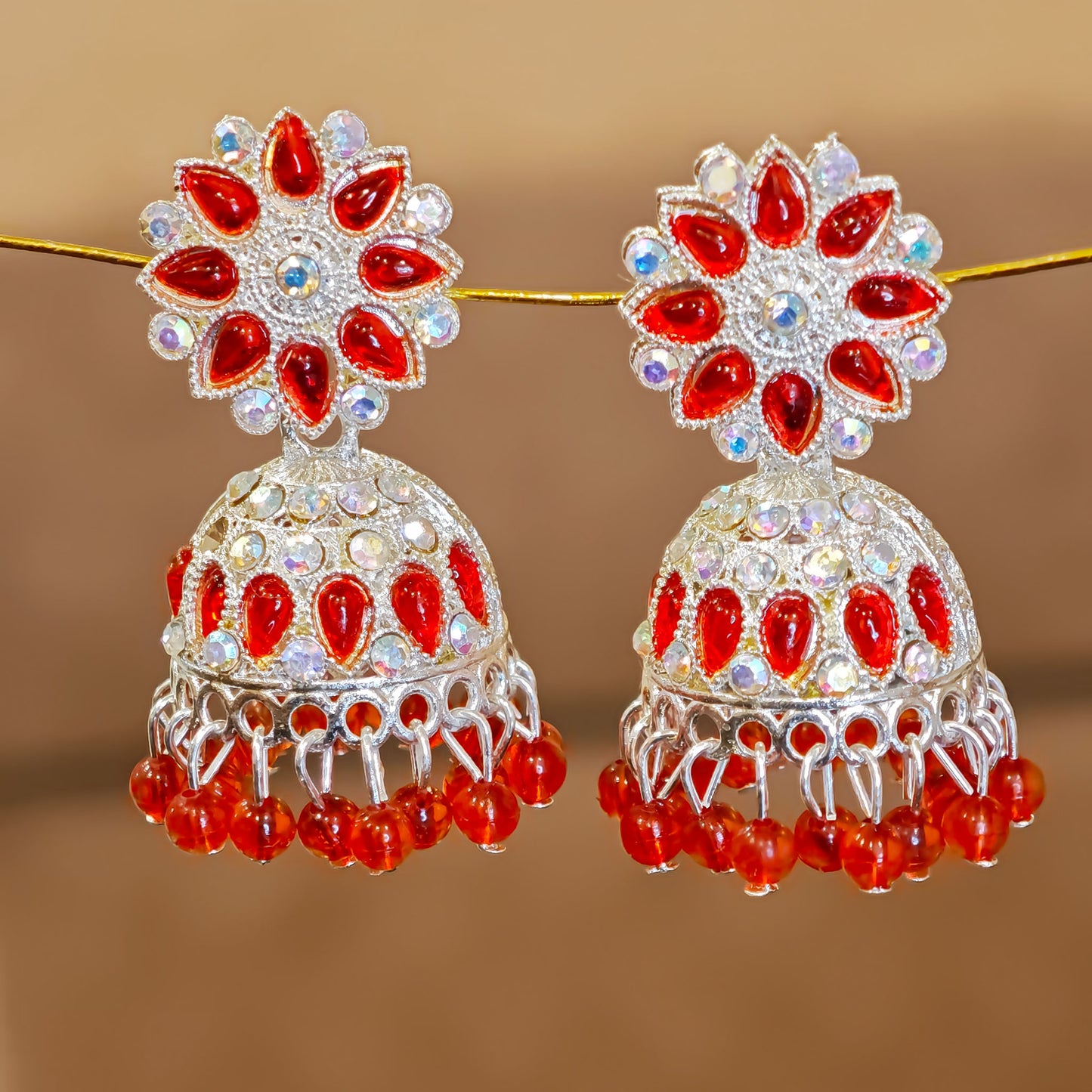 Cherry Red Silver Toned Floral Jhumki