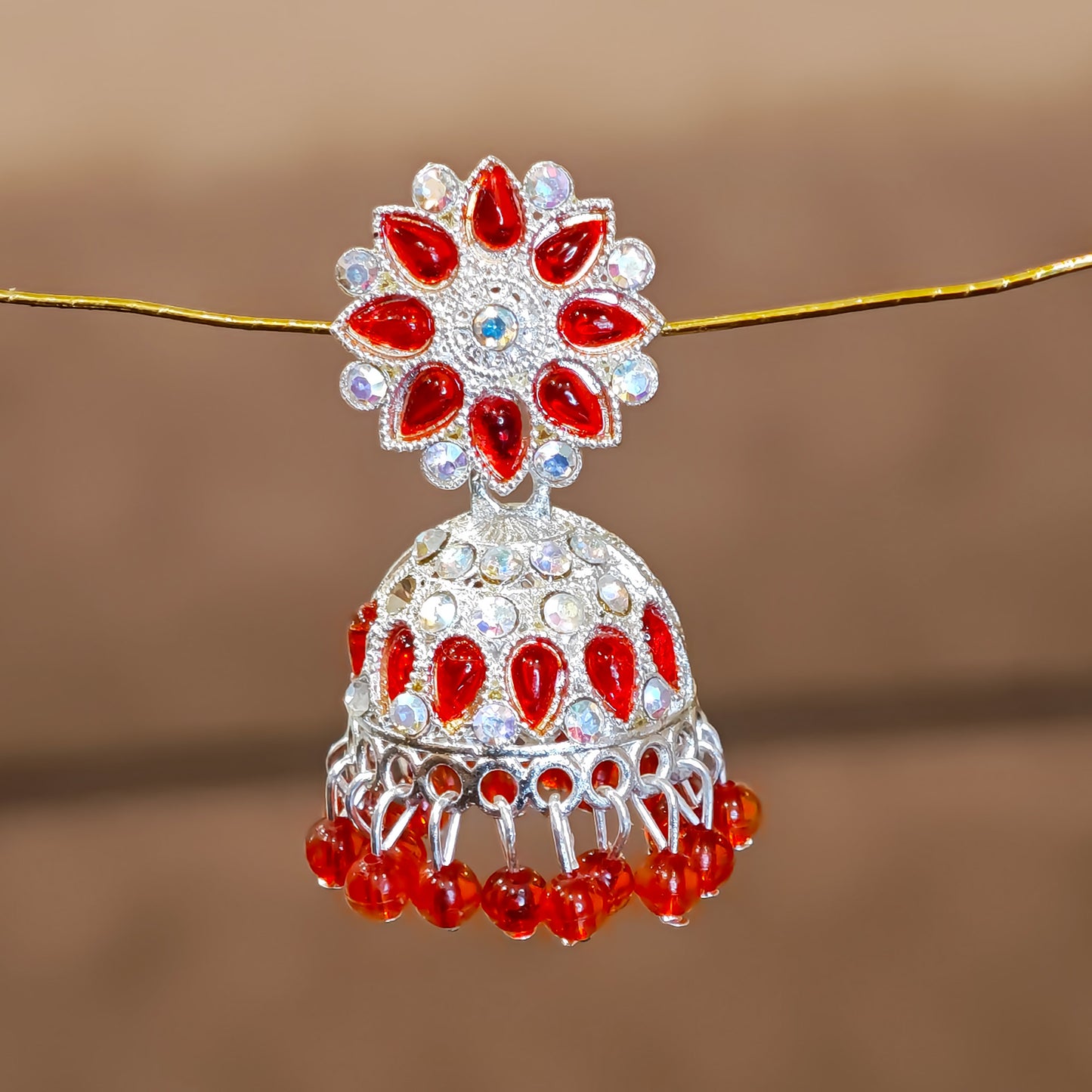 Cherry Red Silver Toned Floral Jhumki