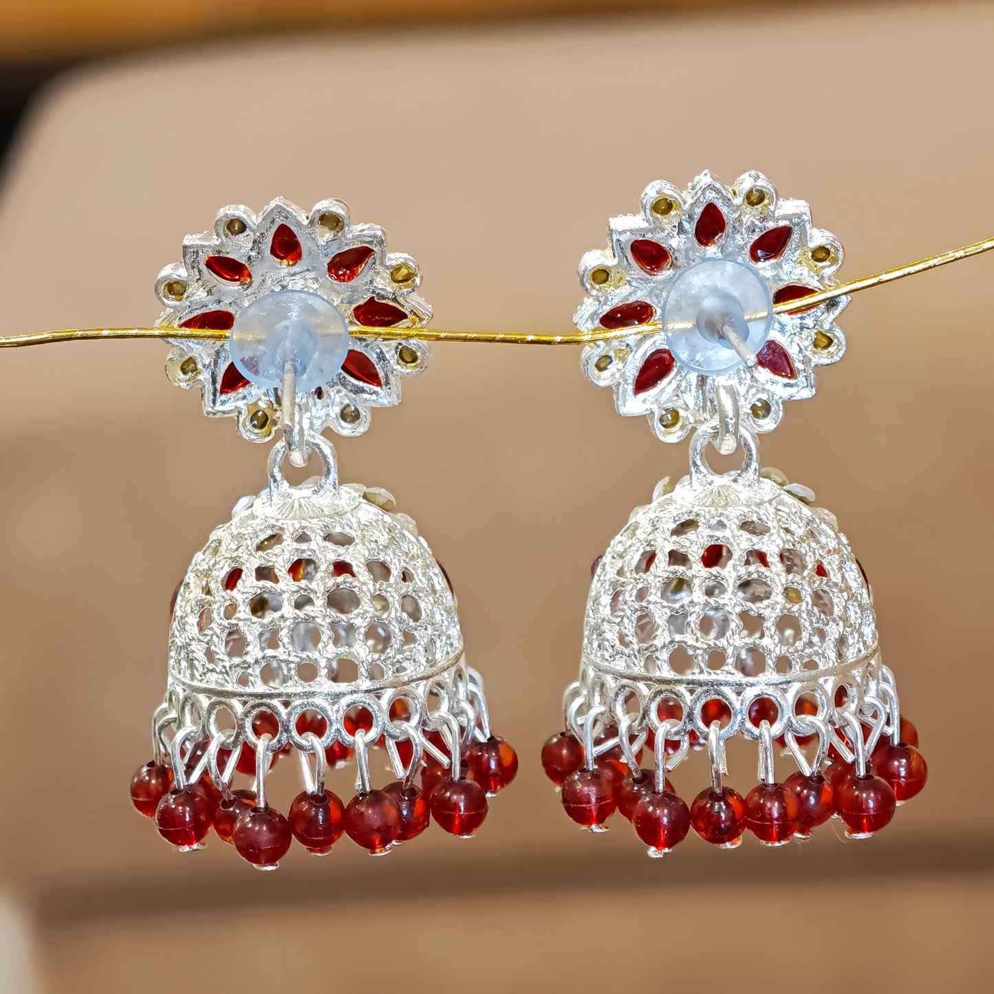 Dark Red Silver Toned Floral Jhumki