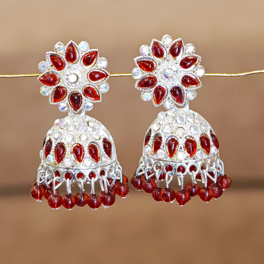 Dark Red Silver Toned Floral Jhumki