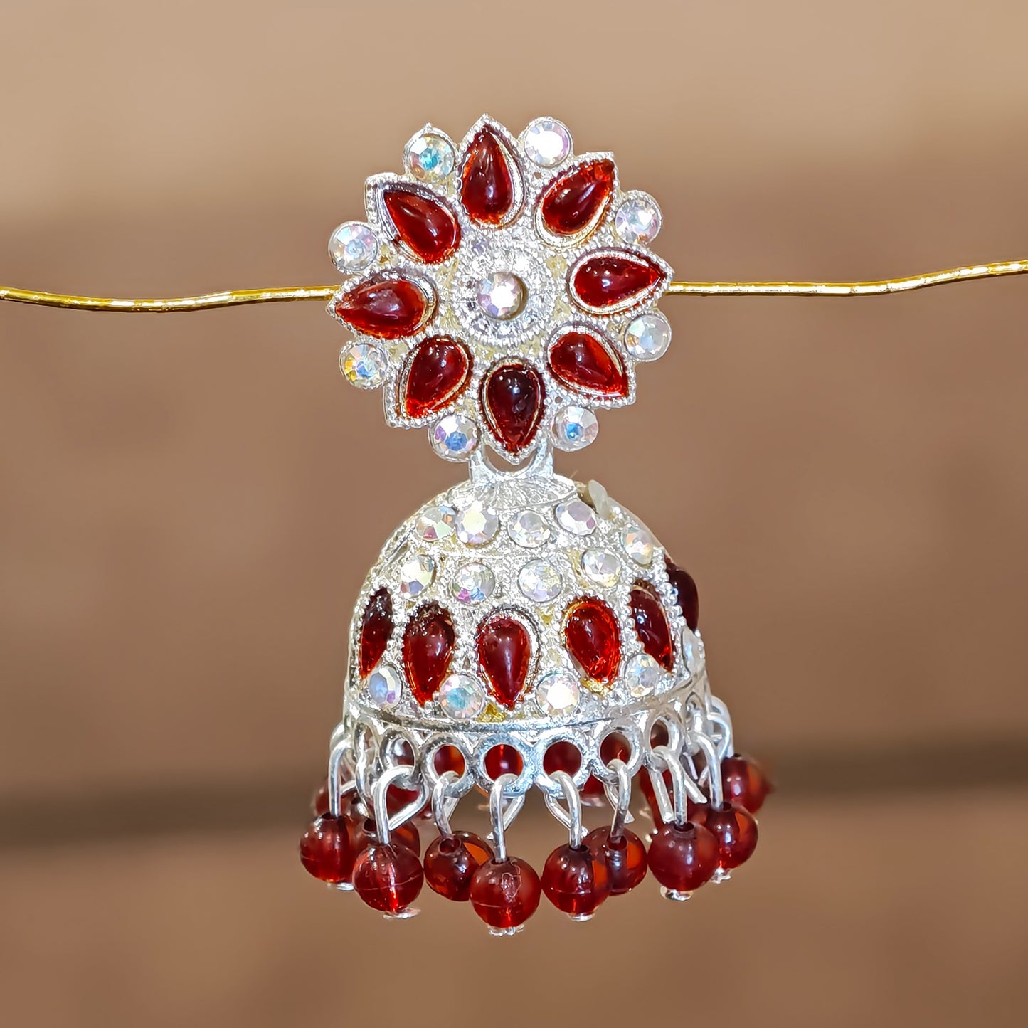Dark Red Silver Toned Floral Jhumki